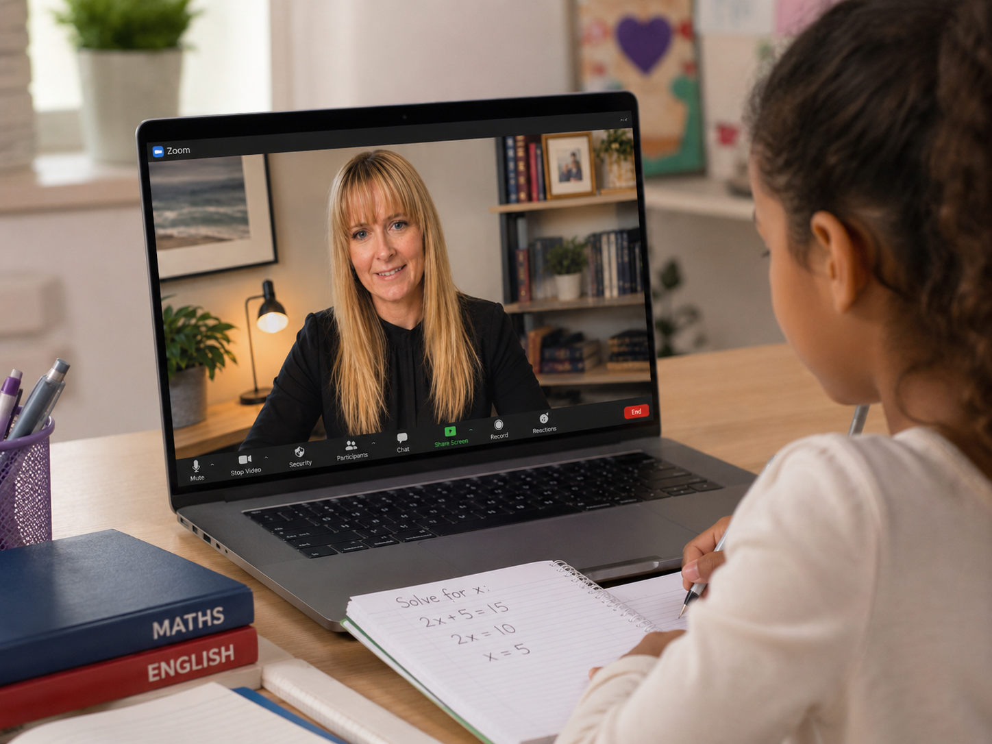 Laptop on a tidy desk showing an online tutoring session